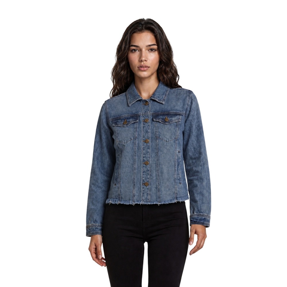 For The Republic Denim Jacket Women's‎ Size Large Blue Frayed Distressed Trucker